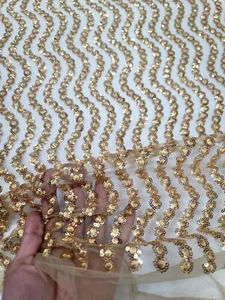 GOLD Sequins Embroidery Bridal Lace Fabric 50” Width Sold By Yard Small Floral - Picture 1 of 12