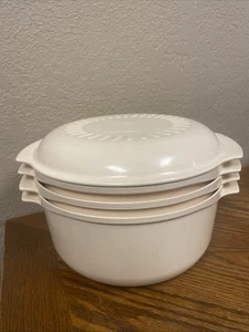 Vintage Tupperware Stapelkocher Dampfgarer 4 tlg Set Mandel 2 Schüsseln Sieb Deckel - Bild 1 von 10