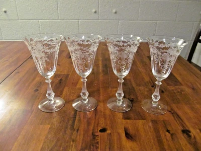 4 FOSTORIA CORSAGE ETCHED GLASS 7 3/8" WATER GOBLETS 1935 TO 1959 RIBBONS FLORAL - Image 1 of 4