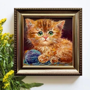 Pintura al óleo original gato jengibre arte pequeño arte gato 4x4 pulgadas - Imagen 1 de 7