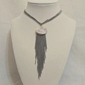 Vintage Charming Charlie Shell & Silver Tone Layered Chain Fringe Necklace MOP - Picture 1 of 8