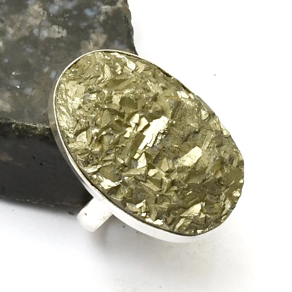 Anel étnico de pedra preciosa drusa pirita Apache para casamento tamanho EUA-9 AR 39625 - Imagem 1 de 1