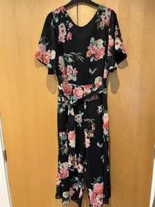 Black Floral Chiffon Fully Lined Culotte Jumpsuit Belt Open Back Tie Size 14 - Picture 1 of 13