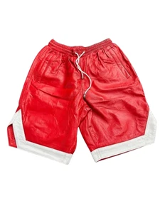 Pantalones Cortos de Cuero Rojo Con Blanco para Hombre 100% Piel de Oveja Pura Cuero Real - Imagen 1 de 5