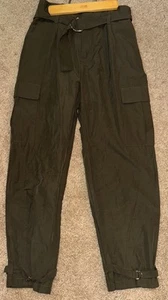 Zara Pants Womens Small Olive Green Paperbag Waist Belted Tapered Cargo Sz S - Picture 1 of 7