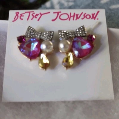 Pendientes Betsey Johnson Rosa Estrás Corazón y Lazo Foto 1 de 2