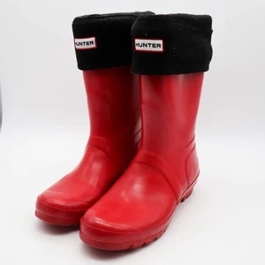 Hunter Red Rain Boots Wellies Gloss Short 11" Tall w/ Fleece Liner Socks Sz 7M - Picture 1 of 11