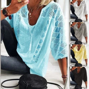 Women's Casual 3/4 Sleeve U-Neck Blouse Ladies Cotton Linen Lace Tops T-Shirt US - Picture 1 of 15