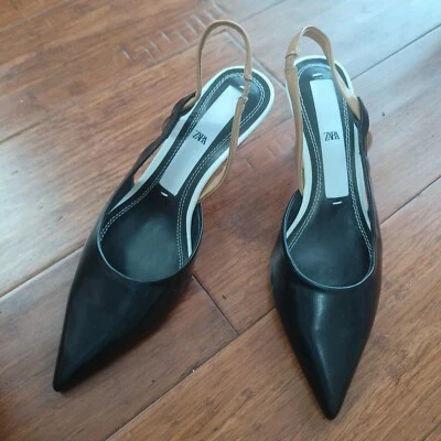 Zara tacones blancos y negros con tacones plateados talla 6 Foto 1 de 4