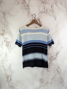 Talbots Top Womens Small Blue Cream Striped Silk Sweater Short Sleeve Knit - Picture 1 of 9
