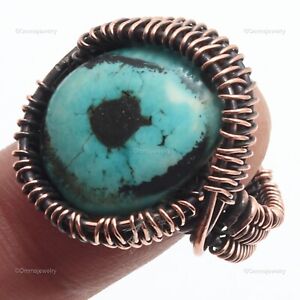 Turquoise Gemstone Wire Wrap Ring Size 8 Handcrafted Copper Unique Jewelry