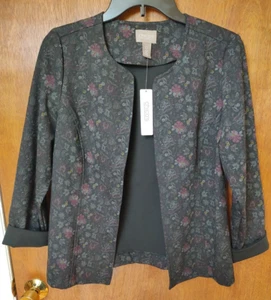 NWT Chico's size 0 (S/4) floral wonderland black ponte jacket open front - Picture 1 of 7