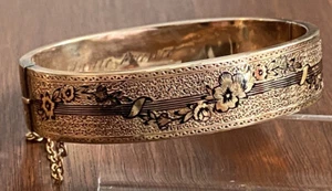Antique Victorian Taille D'epargne 10k Yellow Gold Black Enamel Bangle Bracelet - Picture 1 of 7