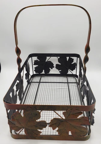 VTG Metal Leaf Basket With Wire Metal Base Sturdy Handle Rectangle Home Decor Cover