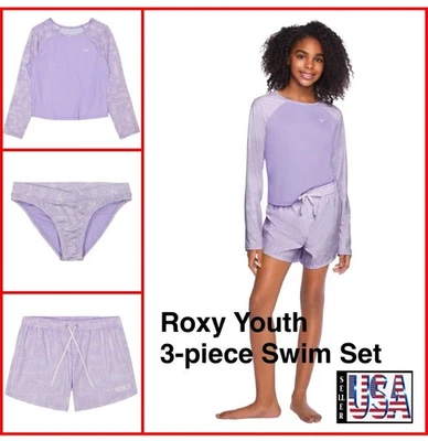 Nuevo con etiquetas Conjunto de Natación Roxy 3 Piezas LS Protector contra Erupciones Top Bikini Pantalones Cortos Púrpura Niñas L 14 16 Foto 1 de 4