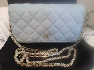 Authentic Chanel Wallet On Chain-Handbag--Light Blue-22P-Gold HW-Caviar - Picture 1 of 14