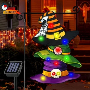 Bandera de jardín de Halloween iluminada en 3D, LED con energía solar al aire libre Feliz Halloween Holi - Imagen 1 de 7