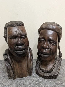 Vintage African Tribal PAIR Wood Carved 12" Busts Figures Man & Woman Ornate - Picture 1 of 11