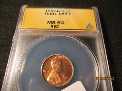 1952-D LINCOLN CENT OMM D OVER S OMM-1 ANACS MS 64 RED   581 - Image 1 of 3