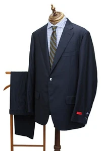 Isaia Napoli Navy 100% Wool Aquaspider Dual Vent Flat Front Suit EU 56 R Italy - Picture 1 of 13