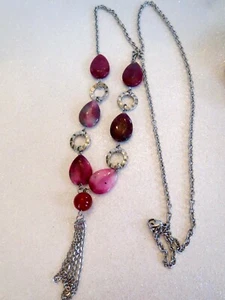 New w/oTags 316 STAINLESS STEEL Rose Colored Teardrop Stone NECKLACE 30" +4"Drop - Picture 1 of 9
