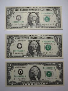 3 $1-$1-$2 1988 & 2003 Matching Low Serial Numbers Federal Reserve Bank Notes - Picture 1 of 8