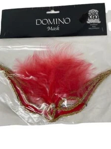 Domino Mask - Costume Accessory - Red/Gold Feathered Masquerade Mask -One Size - Picture 1 of 3