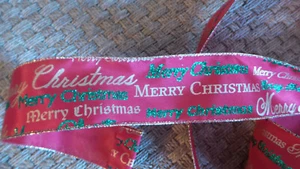 Xmas Ribbon Script Merry Christmas Glitter Accent Wired Edge 2.5 in. Wide 5 Yds - Picture 1 of 3