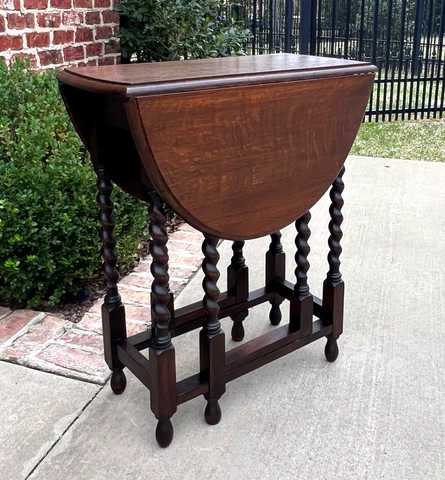 Antique English Table Drop Leaf Gateleg Barley Twist PETITE Dark Oak OVAL #2 Cover