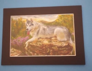 Impresión de pintura de un Husky siberiano acostado en un jardín de 5" x 7" enmarañado de 4" x 6" - Imagen 1 de 2
