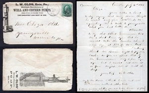 USA Erie Pa 1873 Olds Well & Cistern Pump Co Advertising Cover with Letter - Picture 1 of 4