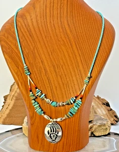 Navajo Native Turquoise Sterling Beaded Necklace Bearclaw Pendant--2303.25 - Picture 1 of 7