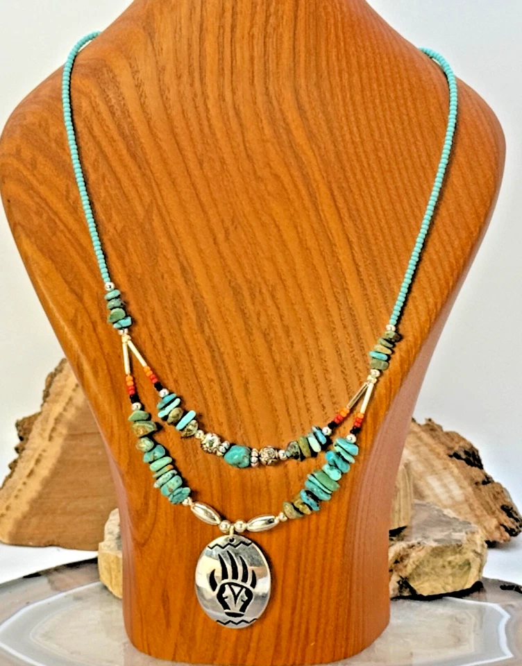 Navajo Native Turquoise Sterling Beaded Necklace Bearclaw Pendant--2303.25 - Image 1 of 4