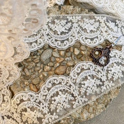 Ivory Alencon Lace Trim Cord Lace Fabric Embroidered Scalloped Border Floral - Image 1 of 4