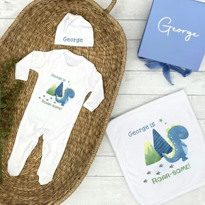 Personalised Blue Dino Roarsome Baby Clothing Optional Hamper Gift Set - Picture 1 of 1