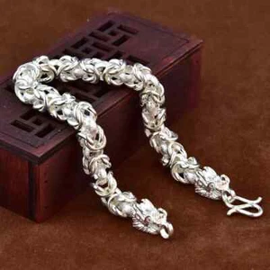 7/8/9mm Men's Real Solid 999 Fine Silver Bracelet Dragon Head Link 7.9"- 8.7" - Picture 1 of 8