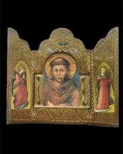 Traveling Shrine Italian Florentine Triptych Saint Francis of Assisi with Angels - Picture 1 of 10