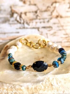 6.5 Carats Natural Raw Sapphire & Pearls In Beautiful Blue Bead Bracelet - Picture 1 of 8