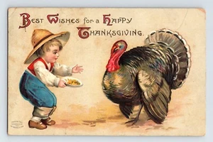Postcard Thanksgiving Little Boy Turkey Feed 1908 Posted East Liverpool OH - Picture 1 of 2