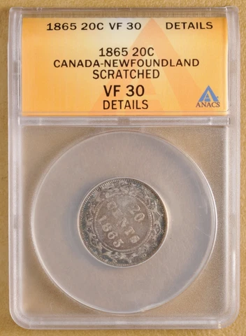 1865 Canada Newfoundland Silver 20 Cents ANACS VF 30 Details Cover