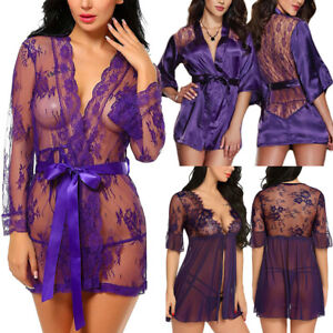 US Womens Sexy Lingerie Short Lace Dress Sheer See Through Kimono Robe Nightgown