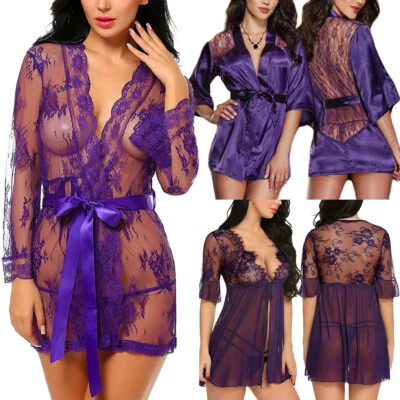 US Womens Sexy Lingerie Short Lace Dress Sheer See Through Kimono Robe Nightgown - Image 1 of 2