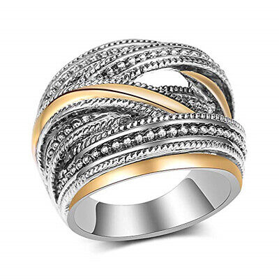 Fashion Two Tone Silver Plated Ring Women Cubic Zircon Jewelry Ring Sz 6-10 • 2.96€