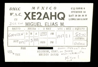 1 x QSL Card Radio Mexico XE2AHQ 1988 ≠ A207 - Image 1 of 2