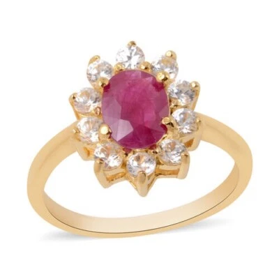 5 Ct, Ruby Solitaire Ring, White Zircon Halo  14K Gold On Sterling Silver Size S - Image 1 of 4