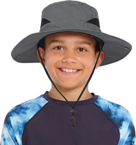 Kids Boys Summer Sun Hat - Wide Brim Sun Protection 7-14 Years Dark Grey - Picture 1 of 7