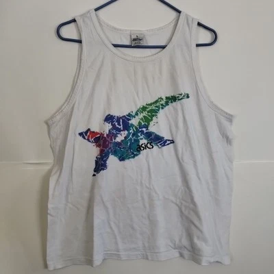 Vintage ASICS Tank Top LARGE Abstract Logo White Beach Gym 100% Cotton Usa - Image 1 of 4