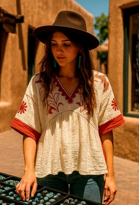 Easel Gauze Oversized Top Peasant Boho Sz Small Babydoll Embroidered Cool Nature - Image 1 of 4