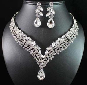 WUNDERSCHÖNE KLARE ÖSTERREICHISCHE STRASS BRAUT HALSKETTE OHRRINGE SET SILBER N1783 - Bild 1 von 4