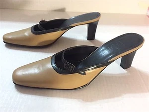 ANN TAYLOR LOFT CAMEL MULES /HEELS WITH BLACK TRIM ACCENT 6M BRAZIL - Picture 1 of 8